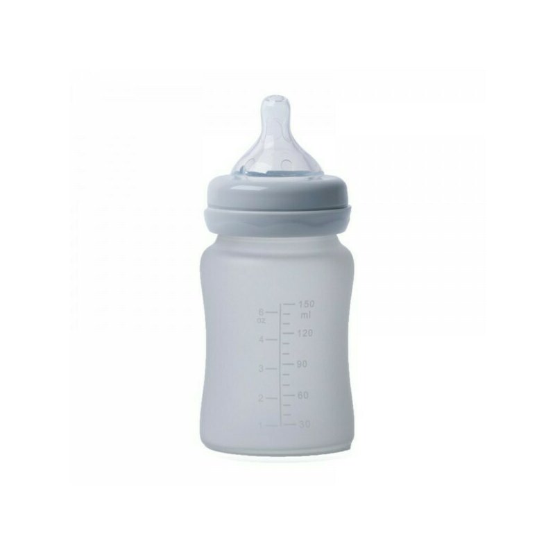 Bo jungle - biberon cu indicator temperatura , sticla acoperita de silicon, 150 ml gri