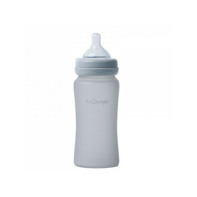 Bo jungle - biberon cu indicator temperatura , sticla acoperita de silicon, 240 ml gri