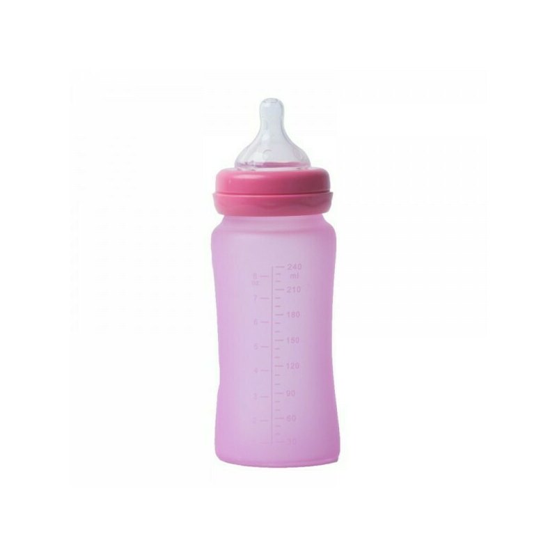 Bo jungle - biberon cu indicator temperatura , sticla acoperita de silicon, 240 ml roz