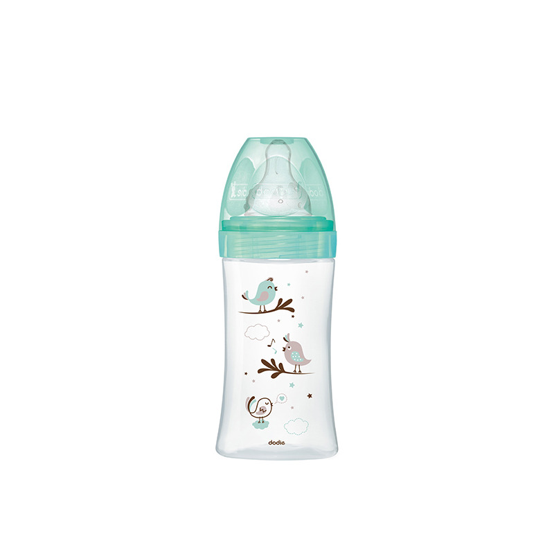 Biberon dodie initiation+, sticla, 270 ml, 0-6 luni, debit 2, 3 viteze, anti-colici, tetina rotunda, verde, pĂsĂri