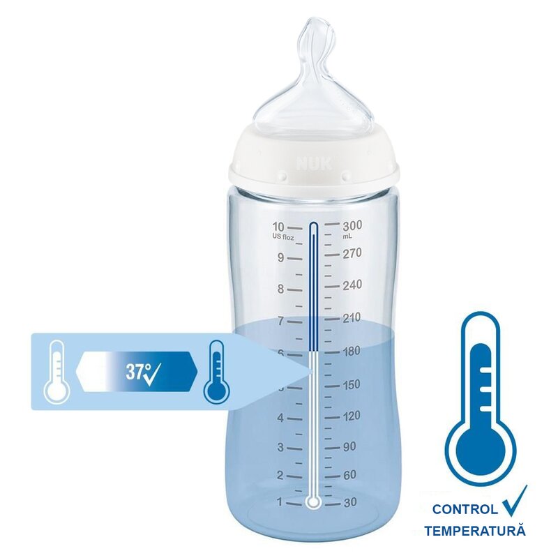 Nuk - Biberon First Choice 0-6 luni, Cu tetina din silicon, Control temperatura din Polypropilena (Pp) 300 ml, Albastru