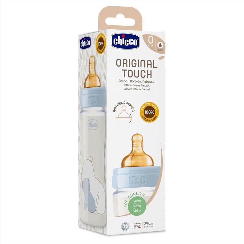 Chicco - Biberon sticla Original Touch 240ml, tetina cauciuc, flux lent, unisex, 0luni+