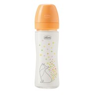 Biberon sticla, Chicco, Perfect Easy, 240 ml, Gat larg, Tetina silicon Soft Sense, Debit lent, Ergonomic, Antiscurgere, Potrivit pt masina de spalat vase si microunde, 0 luni+, Portocaliu