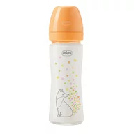 Biberon sticla, Chicco, Perfect Easy, 240 ml, Gat larg, Tetina silicon Soft Sense, Debit lent, Ergonomic, Antiscurgere, Potrivit pt masina de spalat vase si microunde, 0 luni+, Portocaliu