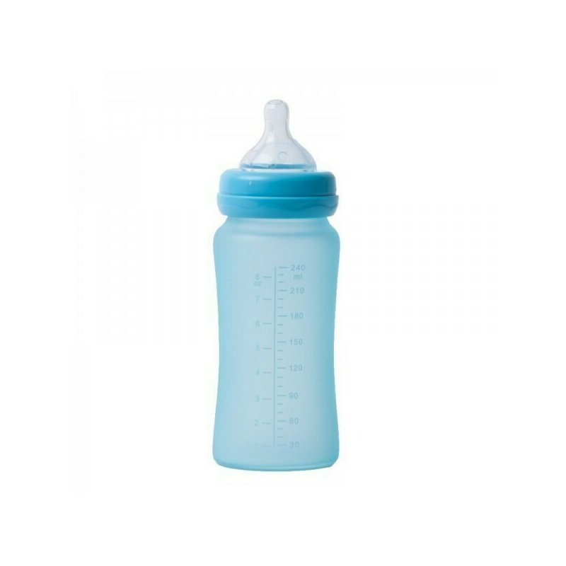 Bo Jungle - Biberon termo din sticla acoperita de silicon cu indicator de temperatura, 300 ml, Albastru