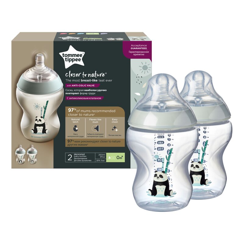 Tommee Tippee - Set biberoane Ursuleti Panda 2 buc, 0 luni + Closer to Nature din Polypropilena 260 ml