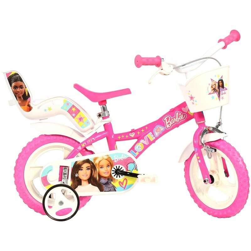 Bicicleta copii, Dino Bikes, Barbie, Cu roti ajutatoare, Cu cosulet frontal, Cu scaunel pentru papusi, 12 inch, Cadru din otel, Pana la 110 cm, Roz