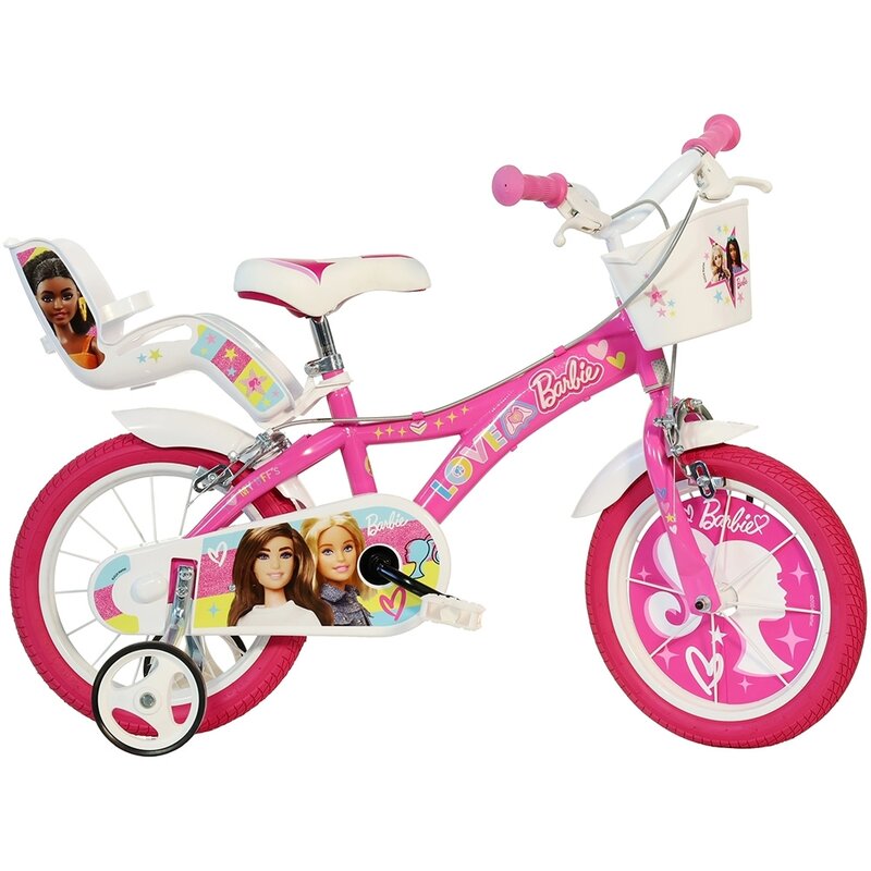 Bicicleta copii, Dino Bikes, Barbie, Roti ajutatoare, Cosulet frontal, Scaunel pentru papusi, 16 inch, Cadru din otel, Pana la 125 cm, Pink