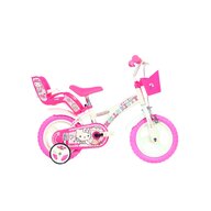 Bicicleta copii, Dino Bikes, Hello Kitty, Roti ajutatoare, Cosulet frontal, Scaunel pentru papusi, 12 inch, Cadru din otel, Pana la 110 cm, White