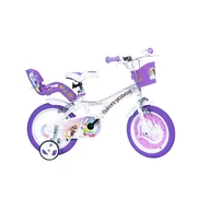 Bicicleta copii, Dino Bikes, Unicorn Academy, Roti ajutatoare, Cosulet frontal, Scaunel pentru papusi, 14 inch, Cadru din otel, Pana la 115 cm, Mov