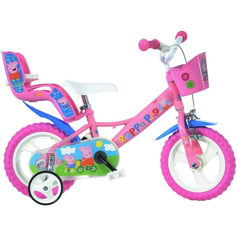 Bicicleta cu pedale, Dino Bikes, Purcelusa Peppa, Cu roti ajutatoare, Cu cosulet frontal, Cu scaunel pentru papusa, 12 inch, Pana la 40 kg, 3 ani+, Multicolor, Resigilat