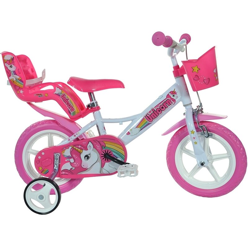 Bicicleta cu pedale, Dino Bikes, Unicorn, Cu roti ajutatoare, Cu cosulet frontal, 12 inch, Pana la 40 kg, 3 ani+, Multicolor, Resigilat