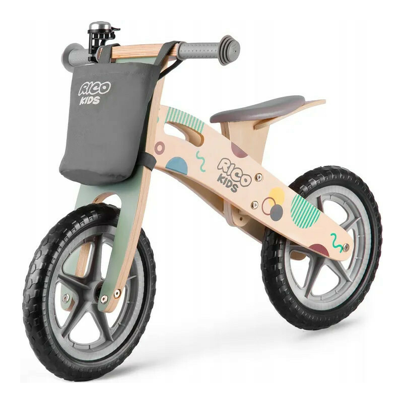 Bicicleta de echilibru din lemn pentru copii, cu geanta si clopotel, ricokids, rc-610
