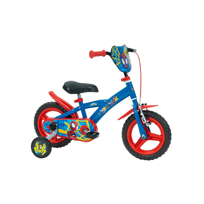 Bicicleta pentru copii, 12 inch, cu roti ajutatoare si cosulet frontal, sistem de franare frontal, huffy, disney spider-man, albastru