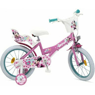 Bicicleta pentru copii, 14 inch, Cu roti ajutatoare si cosulet frontal, Cu scaunel pentru papusi, Huffy, Disney Minnie, Roz