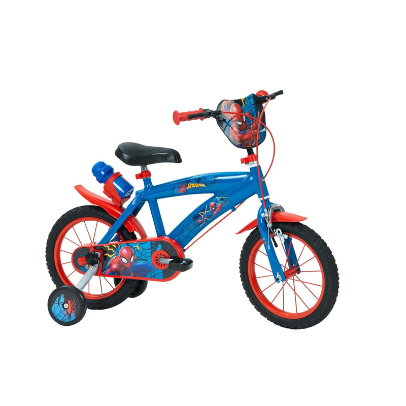 Bicicleta pentru copii, 14 inch, cu roti ajutatoare si suport pentru sticla de apa, huffy, disney spider-man, albastru