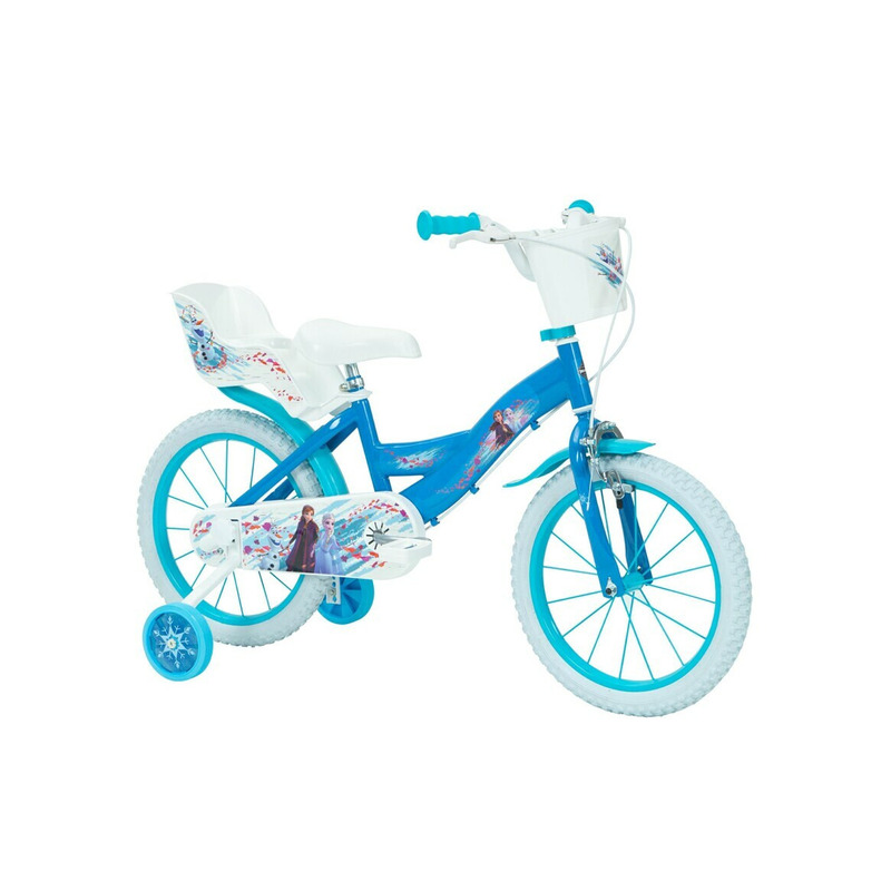 Bicicleta pentru copii, 16 inch, cu roti ajutatoare si cosulet frontal, cu scaunel pentru papusi, huffy, disney frozen, albastru