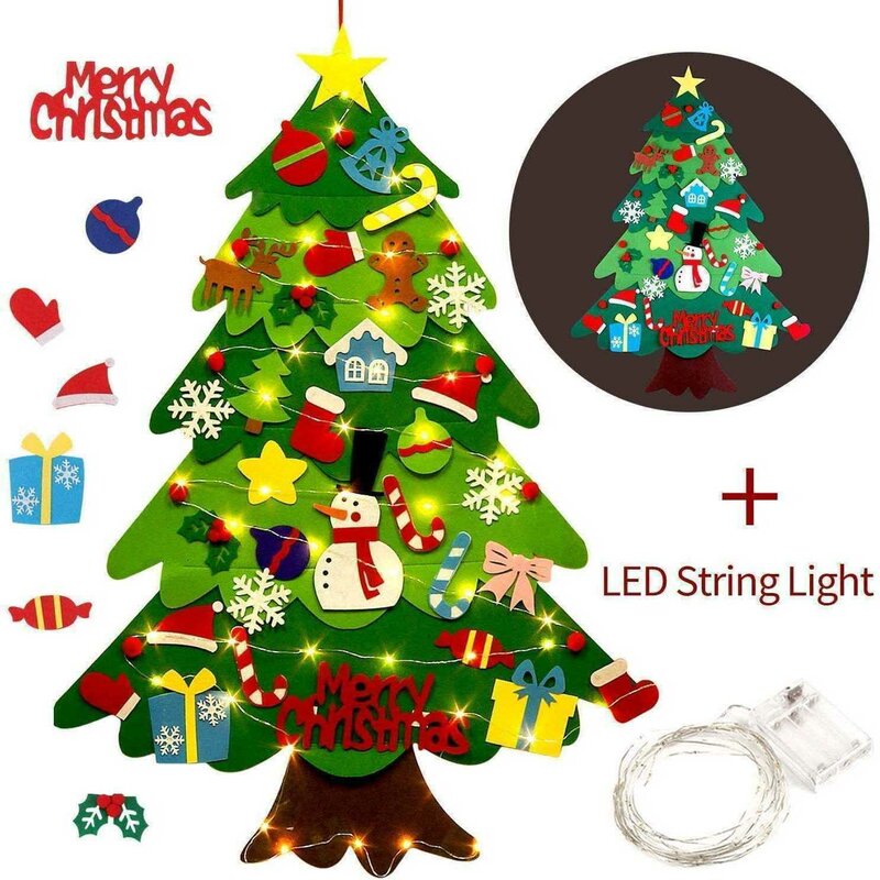 Bambinice - decoratiune brad de craciun, din fetru, cu 32 decoratiuni, cu banda led inclusa, in 2 culori, 100x70 cm