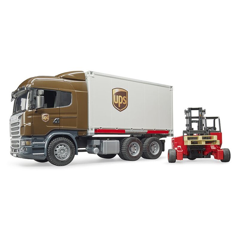 Bruder - set vehicule camion ups scania r-series , cu stivuitor