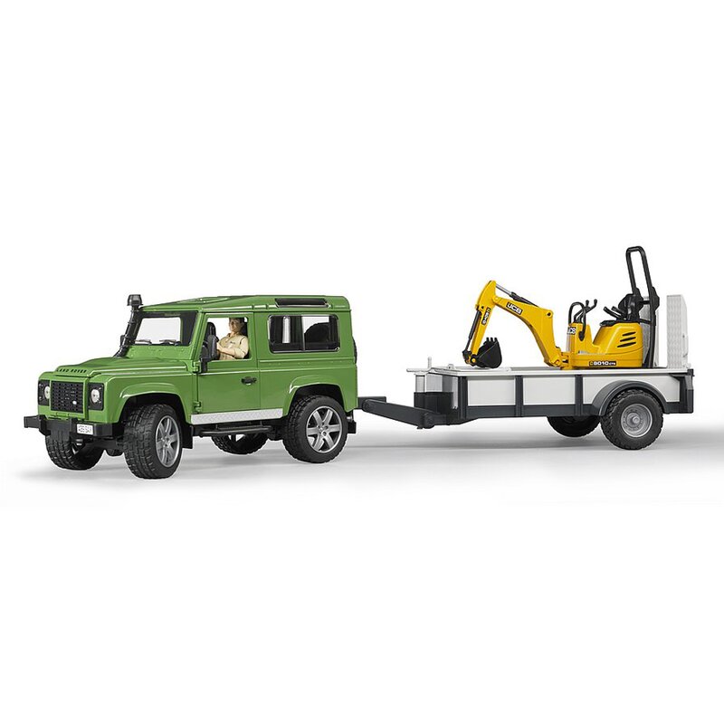 Bruder - masina de teren land rover defender , cu remorca, cu muncitor, cu micro excavator jcb