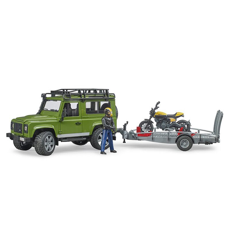 Bruder - set vehicule masina de teren land rover defender , cu remorca, cu motocicleta ducati