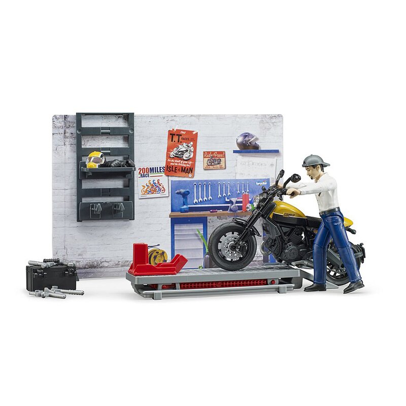 Bruder - set de joaca service , cu motocicleta scrambler ducati