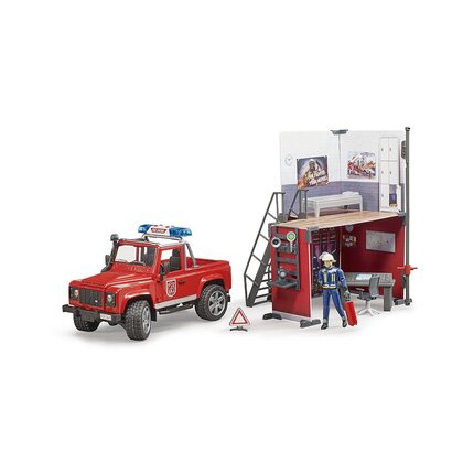 BRUDER - Set de joaca Statie de pompieri , Cu Land Rover Defender, Cu pompier
