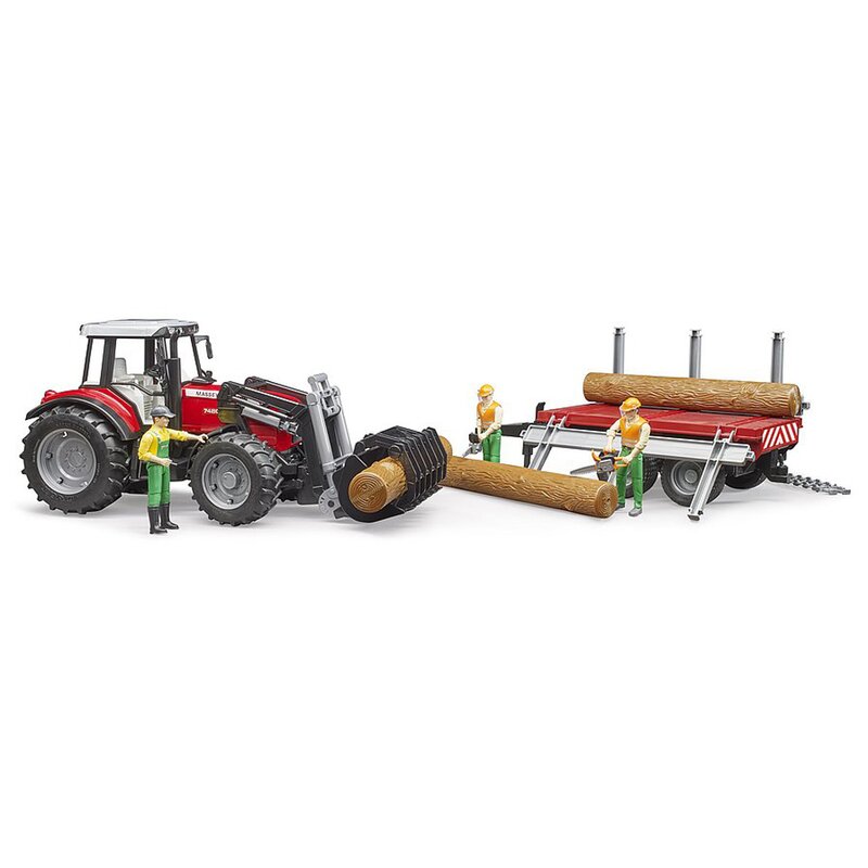 Bruder - tractor massey ferguston 7480 , cu incarcator frontal, cu remorca pentru lemne