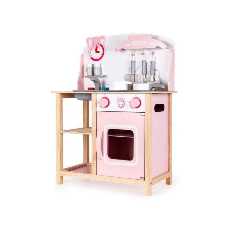 Ecotoys - bucatarie din lemn cu sunete + accesorii bucatarie, roz