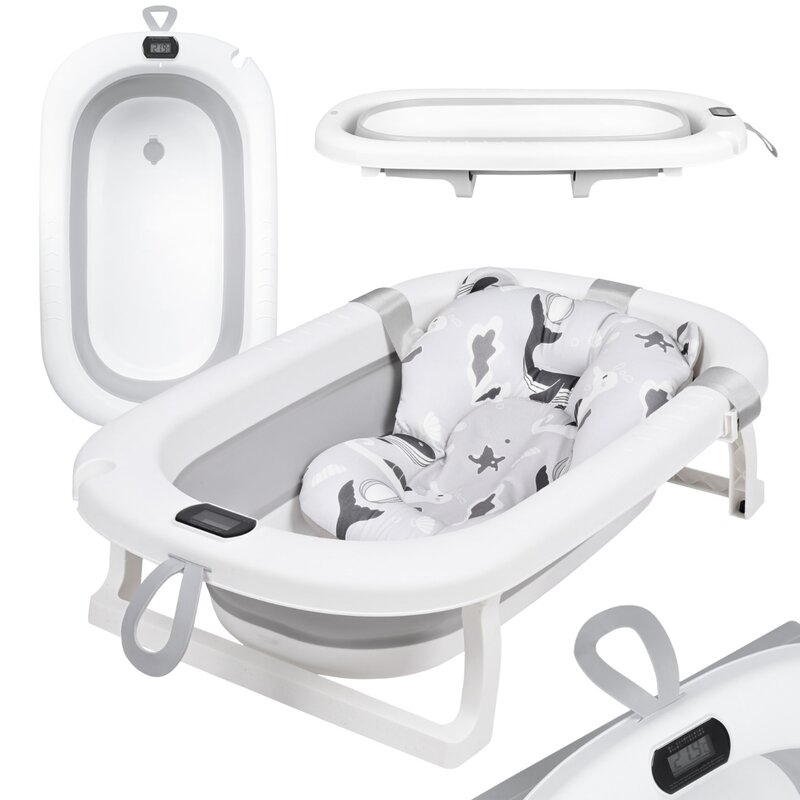 Cadita pliabila, Primabobo, Milo, Cu termometru, dop si suport anatomic, De la nastere, Pana la 25 kg, Conform cu standardul european de securitate EN71, 75 x 44 x 20 cm, Gri