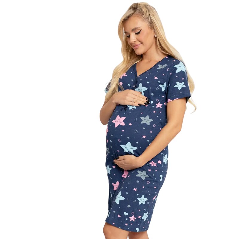 Camasa alaptat, Sleeping Stars, Din bumbac, Cu capse pe mijloc, Masura S, Navy Blue