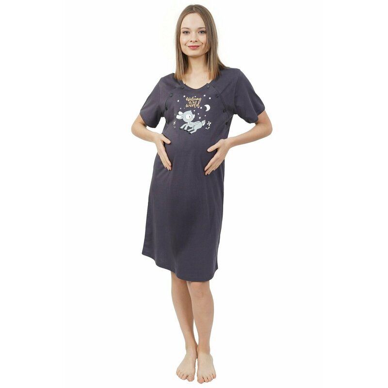 SassyMood - Camasa de noapte pentru sarcina si alaptare , Indigo , Cu model caprioara din Bumbac, XL