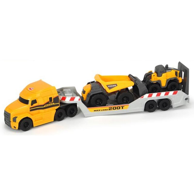 Dickie toys - camion mack volvo micro builder cu remorca, buldozer si camion basculant