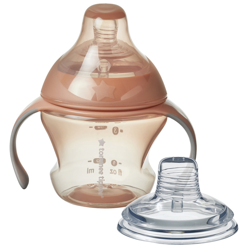 Cana de tranzitie tommee tippee portocaliu, tetina asemanatoare sanului si duza de baut din silicon moale, manere detasabile, usor de prins, capac etans, 150 ml, 4-7 luni, portocaliu.