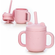 Cana din silicon fara BPA, Cu manere, Cu pai, 6 luni+, Conform cu standardul european de securitate  EN 14350:2020, FreeON, Pink