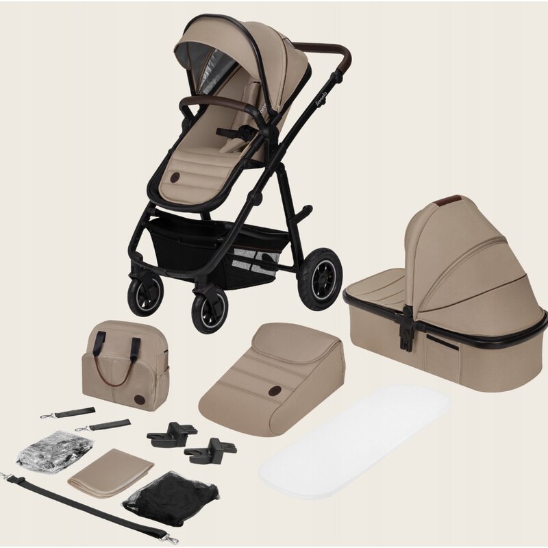 Carucior 2 in 1, Lionelo, Amber, Cadru aluminiu, Cu landou intarit si salteluta moale, Reversibil, Maner ajustabil, Huse pentru picioare, ploaie, Plasa de tantari, Geanta parinti, Pana la 22 kg, EN1888-1, EN1888-2, EN1466, Bej