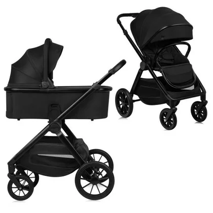 Carucior 2 in 1, Lionelo, Layla, Pana la 22 kg, Cadru aluminiu, Cu landou intarit si salteluta din spuma AirDots, Reversibil, Cu ventilatie 3D, Cu accesorii, EN1888-1, EN1888-2, EN1466, Negru