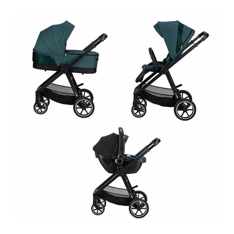 Carucior 3 in 1, FreeON, Opty, Pana la 22 kg, Cu landou, Scoica auto conform ECE R129, Parte sport cu sezut reversibil, Spatar reglabil, Cu accesorii, Green