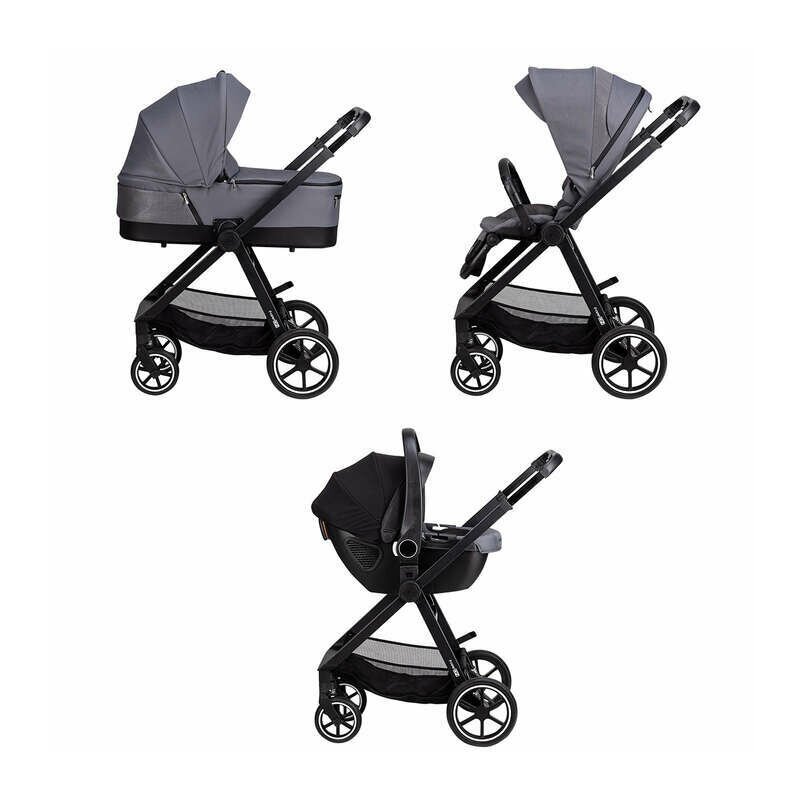 Carucior 3 in 1, FreeON, Opty, Pana la 22 kg, Cu landou, Scoica auto conform ECE R129, Parte sport cu sezut reversibil, Spatar reglabil, Cu accesorii, Grey