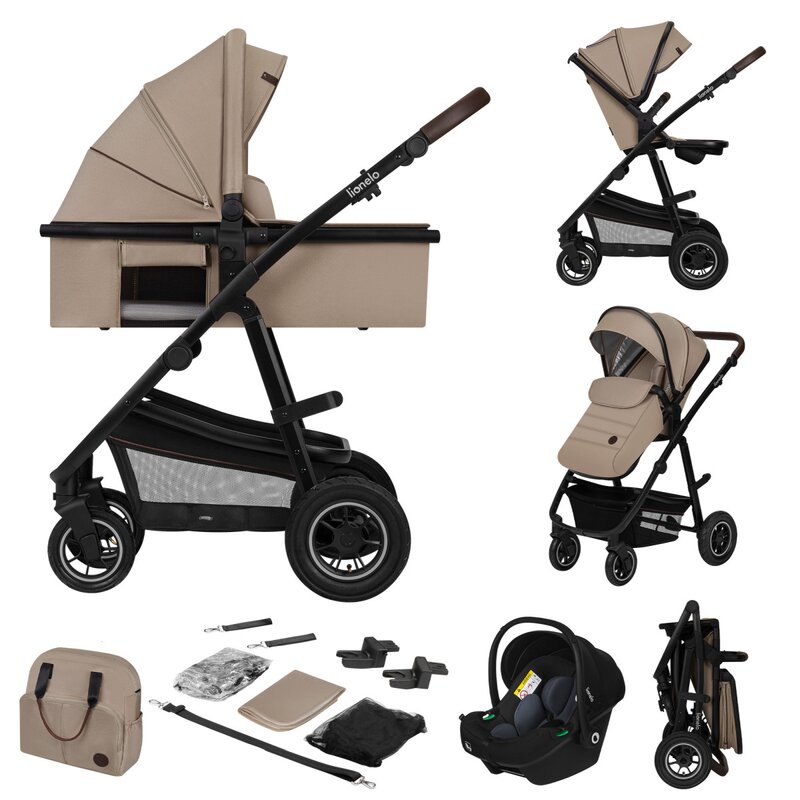 Carucior 3 in 1, Lionelo, Amber, Cadru aluminiu, Cu landou intarit si salteluta moale, Cu scoica auto testata ADAC, Reversibil, Cu accesorii, Geanta parinti, Pana la 22 kg, Bej