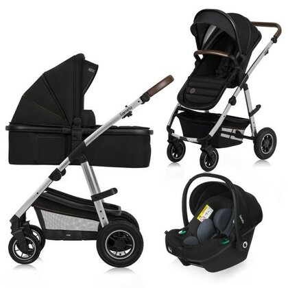 Carucior 3 in 1, Lionelo, Amber, Cadru aluminiu, Cu landou intarit si salteluta moale, Cu scoica auto testata ADAC, Reversibil, Cu accesorii, Geanta parinti, Pana la 22 kg, Negru silver