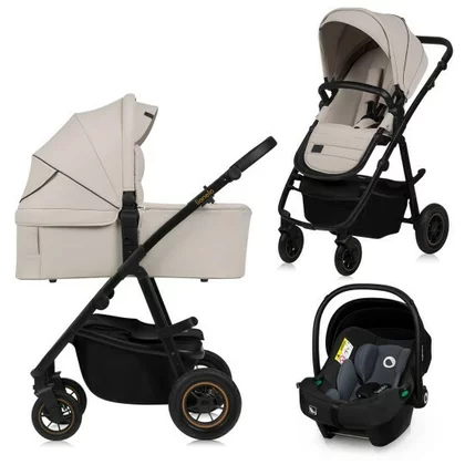 Carucior 3 in 1, Lionelo, Amber Plus, Cadru aluminiu, Cu landou intarit si salteluta moale, Cu scoica auto testata ADAC, Reversibil, Maner ajustabil, Cu accesorii, Cu ventilatie panoramica 3D, Pana la 22 kg, EN1888-1, EN1888-2, EN1466, ECE R129, Bej