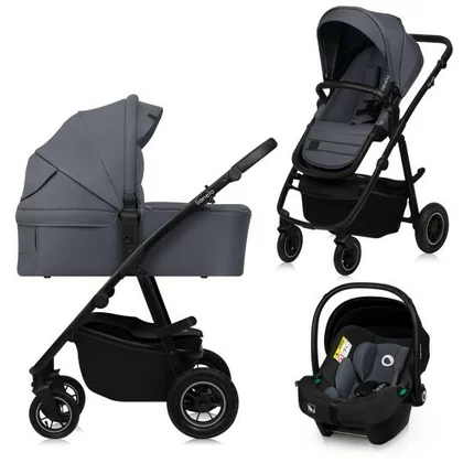 Carucior 3 in 1, Lionelo, Amber Plus, Cadru aluminiu, Cu landou intarit si salteluta moale, Cu scoica auto testata ADAC, Reversibil, Maner ajustabil, Cu accesorii, Cu ventilatie panoramica 3D, Pana la 22 kg, EN1888-1, EN1888-2, EN1466, ECE R129, Gri