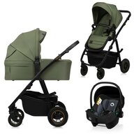 Carucior 3 in 1, Lionelo, Amber Plus, Cadru aluminiu, Cu landou intarit si salteluta moale, Cu scoica auto testata ADAC, Reversibil, Maner ajustabil, Cu accesorii, Cu ventilatie panoramica 3D, Pana la 22 kg, EN1888-1, EN1888-2, EN1466, ECE R129, Verde