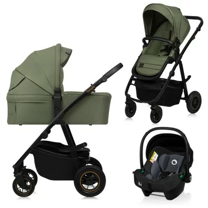 Carucior 3 in 1, Lionelo, Amber Plus, Cadru aluminiu, Cu landou intarit si salteluta moale, Cu scoica auto testata ADAC, Reversibil, Maner ajustabil, Cu accesorii, Cu ventilatie panoramica 3D, Pana la 22 kg, EN1888-1, EN1888-2, EN1466, ECE R129, Verde