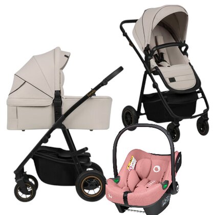 Carucior 3 in 1, Lionelo, Amber Plus, Cu scoica auto Roz testata ADAC, Reversibil, Maner ajustabil, Cu accesorii, Cu ventilatie panoramica 3D, Pana la 22 kg, EN1888-1, EN1888-2, EN1466, ECE R129, Bej