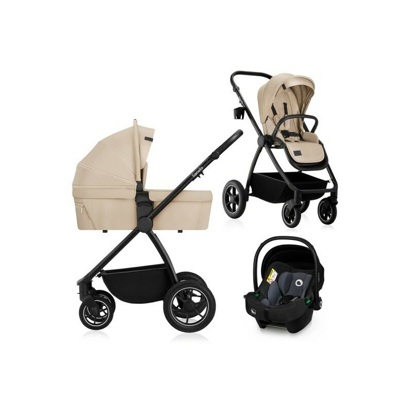 Carucior 3 in 1, Lionelo, Meril, Cu landou de dimensiune XL, Reversibil, Cu scoica auto testata ADAC, Cu accesorii, Pana la 22 kg, Conform cu EN1888-1 EN1888-2, EN1466, Bej