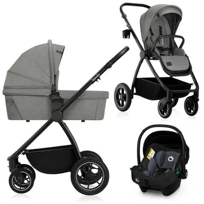 Carucior 3 in 1, Lionelo, Meril, Cu landou de dimensiune XL, Reversibil, Cu scoica auto testata ADAC, Cu accesorii, Pana la 22 kg, Conform cu EN1888-1 EN1888-2, EN1466, Gri