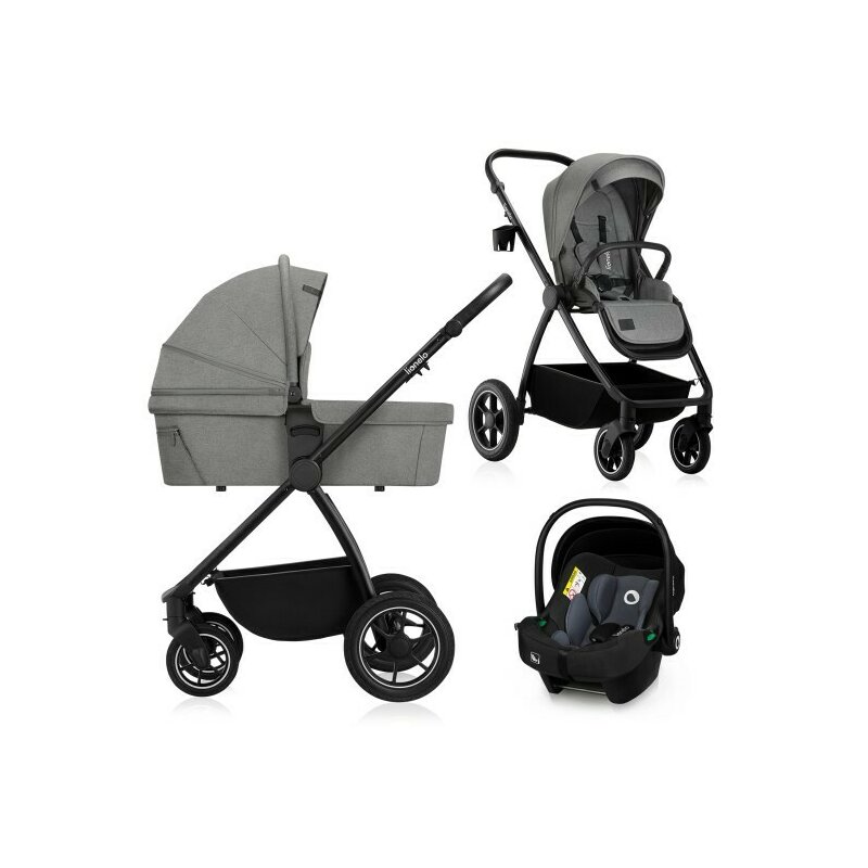 Carucior 3 in 1, Lionelo, Meril, Cu landou de dimensiune XL, Reversibil, Cu scoica auto testata ADAC, Cu accesorii, Pana la 22 kg, Conform cu EN1888-1 EN1888-2, EN1466, Gri