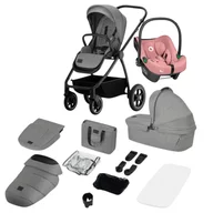 Carucior 3 in 1, Lionelo, Meril, Cu landou de dimensiune XL, Reversibil, Cu scoica auto testata ADAC, Cu accesorii, Pana la 22 kg, EN1888-1 EN1888-2, EN1466, Gri/roz